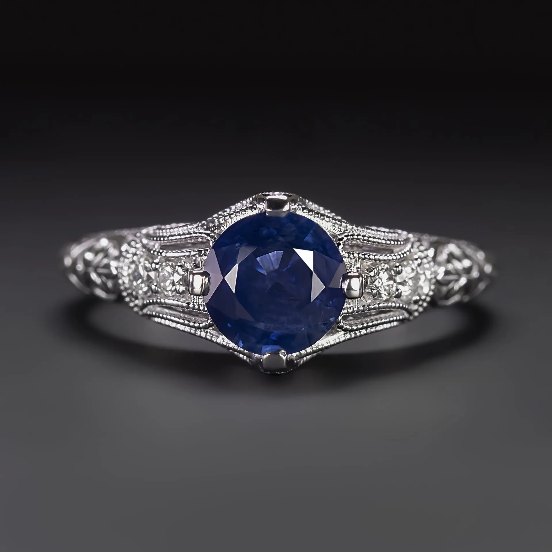 1.17ct VINTAGE STYLE SAPPHIRE DIAMOND COCKTAIL RING 14k WHITE GOLD NATURAL ROUND