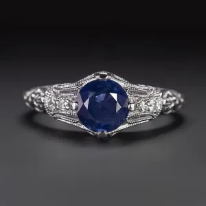 1.17ct VINTAGE STYLE SAPPHIRE DIAMOND COCKTAIL RING 14k WHITE GOLD NATURAL ROUND