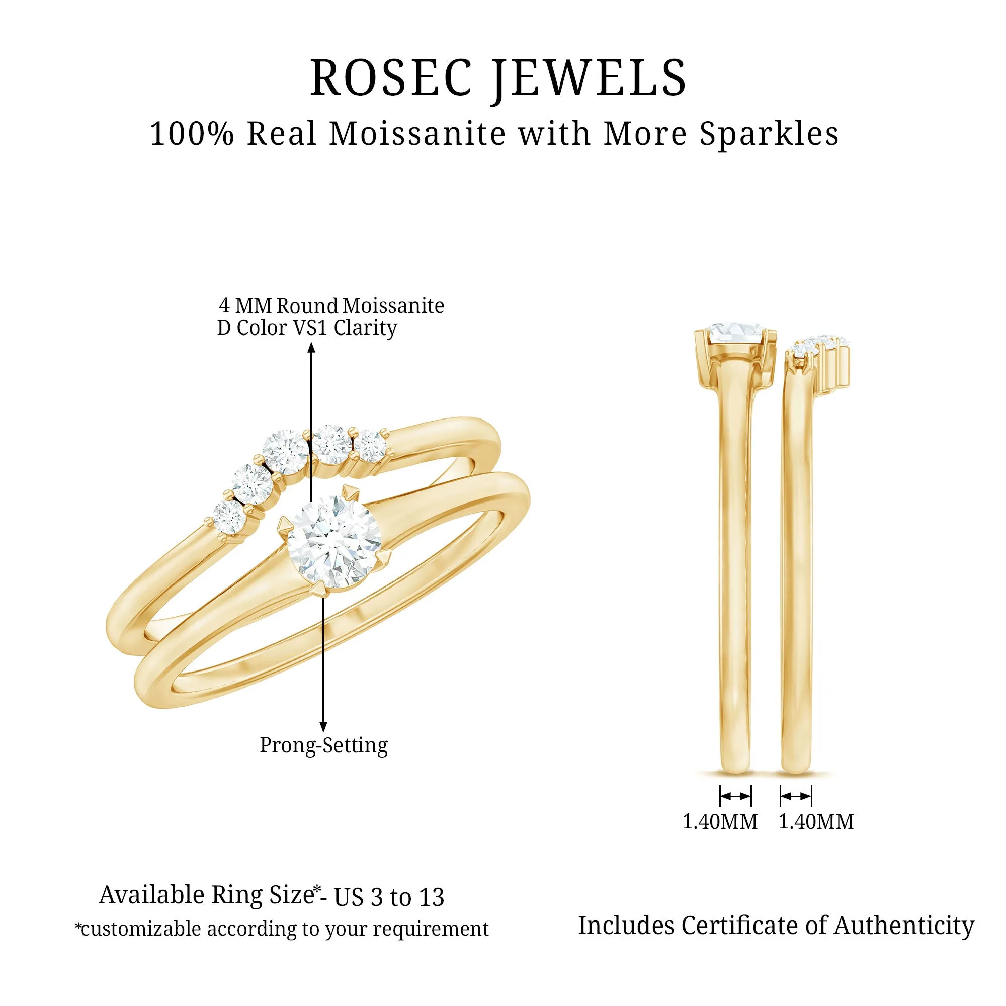 1/2 CT Round Moissanite Minimal Solitaire Ring with Curved Band in Gold