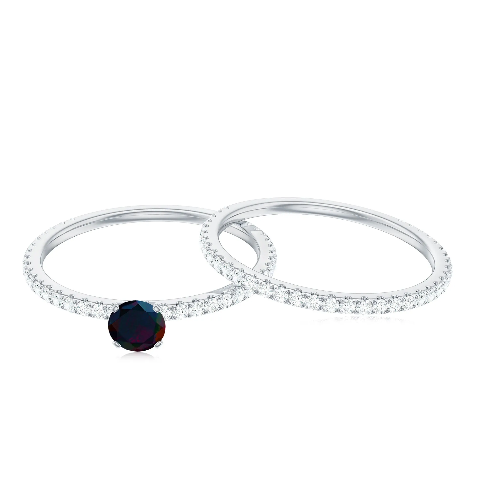1.25 CT Minimal Wedding Ring Set with Black Opal and Diamond