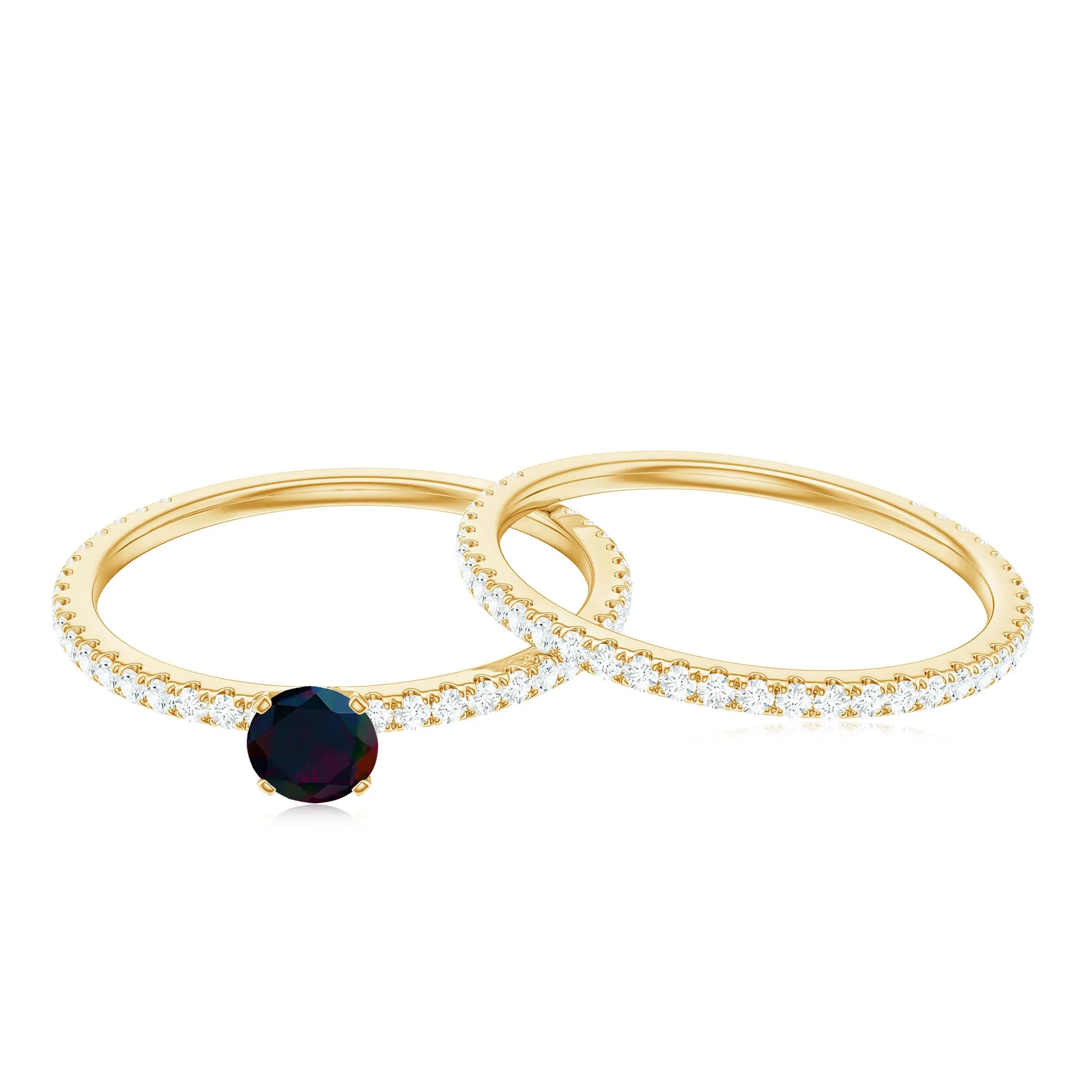 1.25 CT Minimal Wedding Ring Set with Black Opal and Diamond