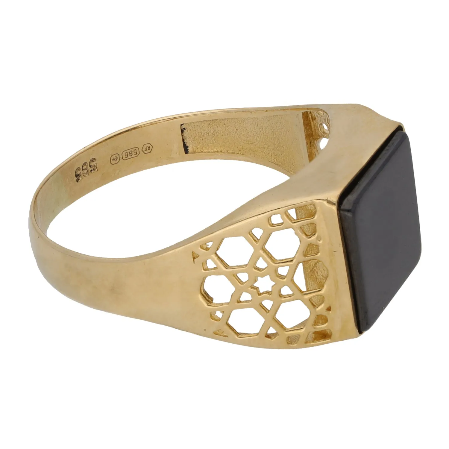 14ct Gold Haematite Patterned Signet Ring Size U