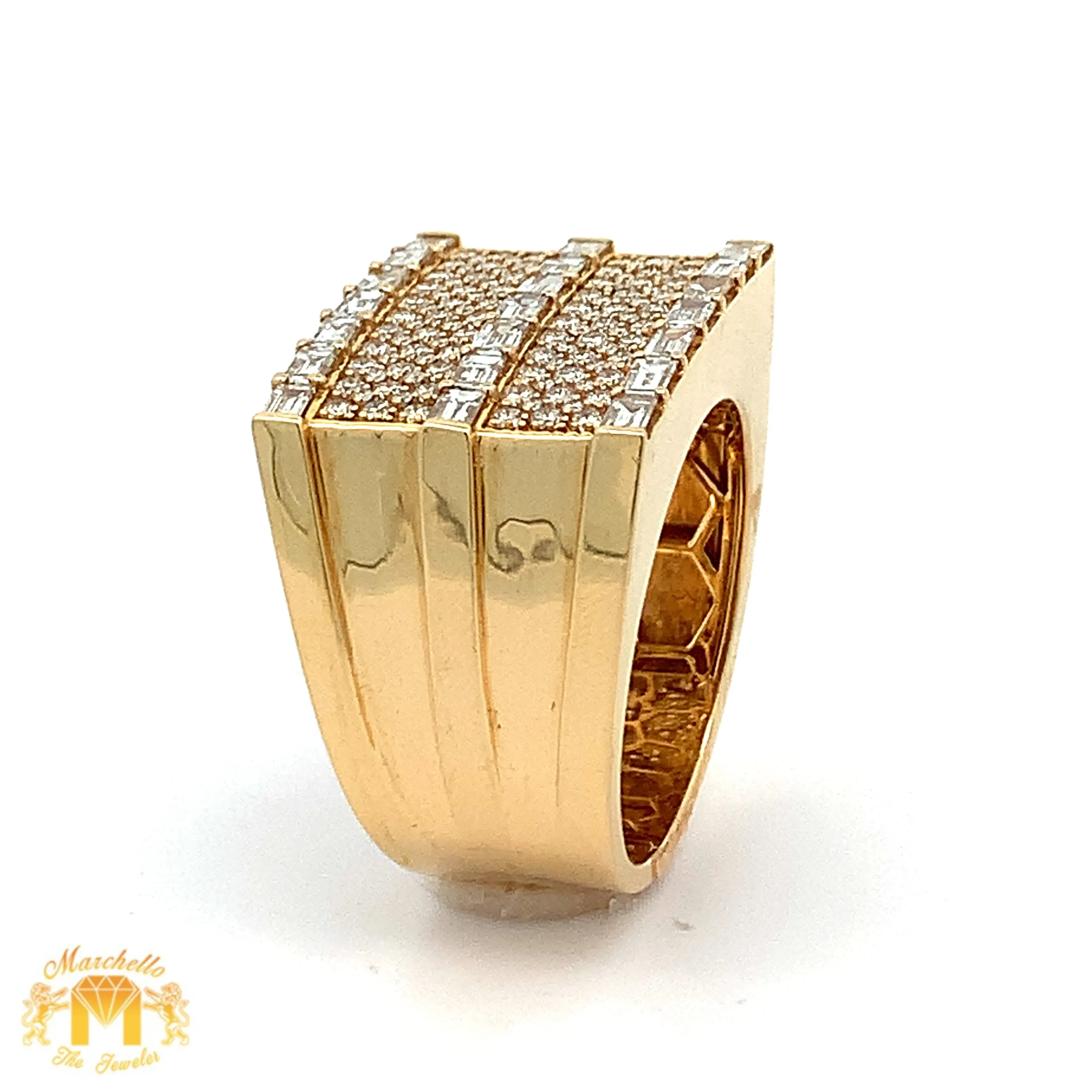 14k Gold Emerald Cut Diamond Men`s Ring with Round Diamonds