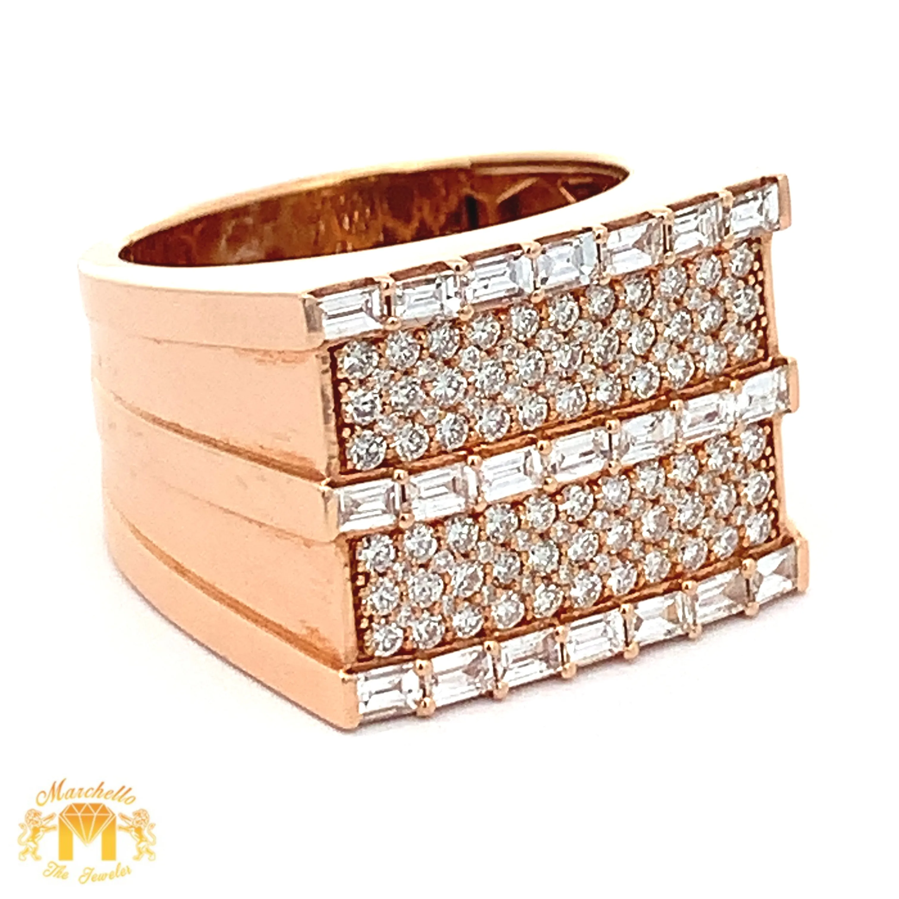 14k Gold Emerald Cut Diamond Men`s Ring with Round Diamonds