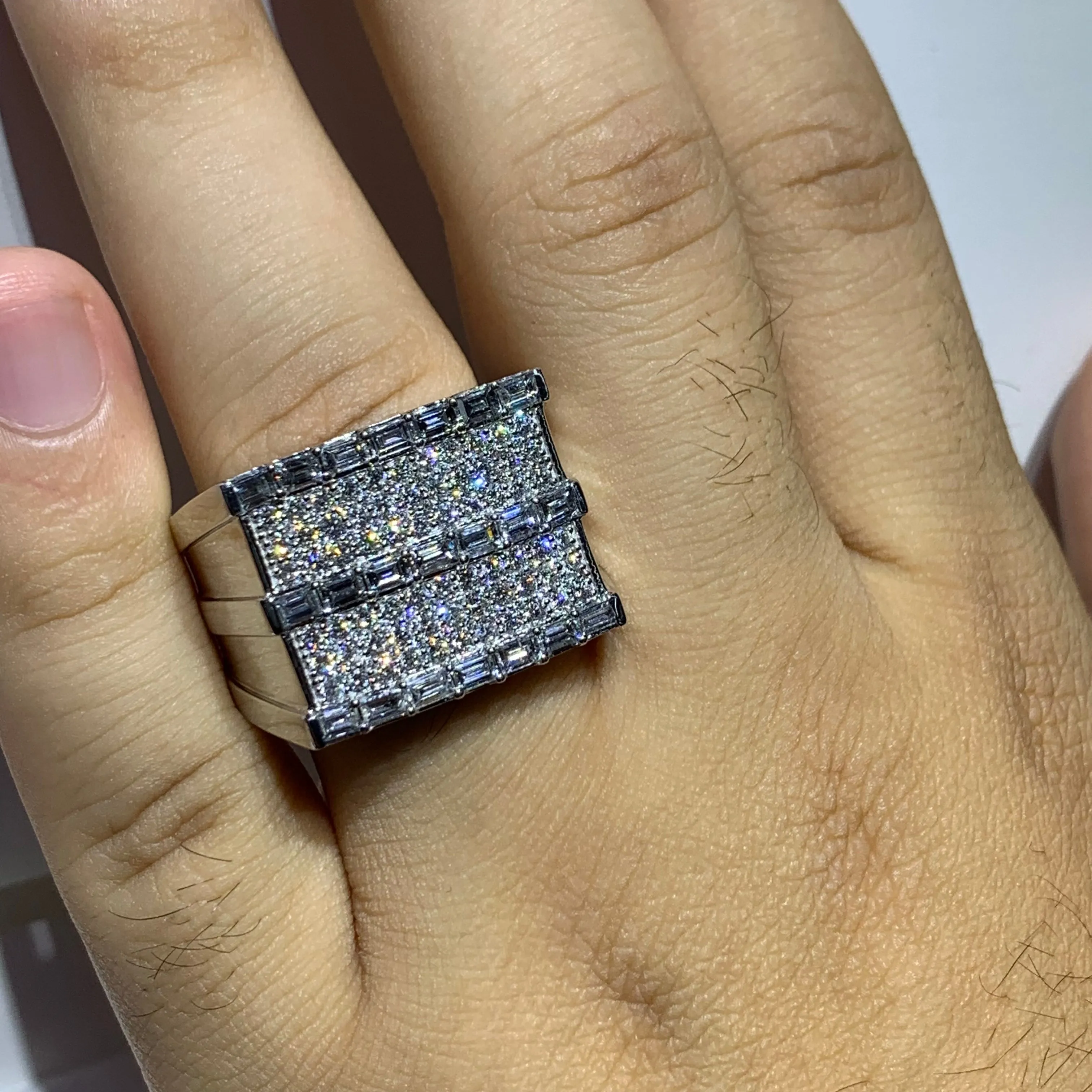 14k Gold Emerald Cut Diamond Men`s Ring with Round Diamonds