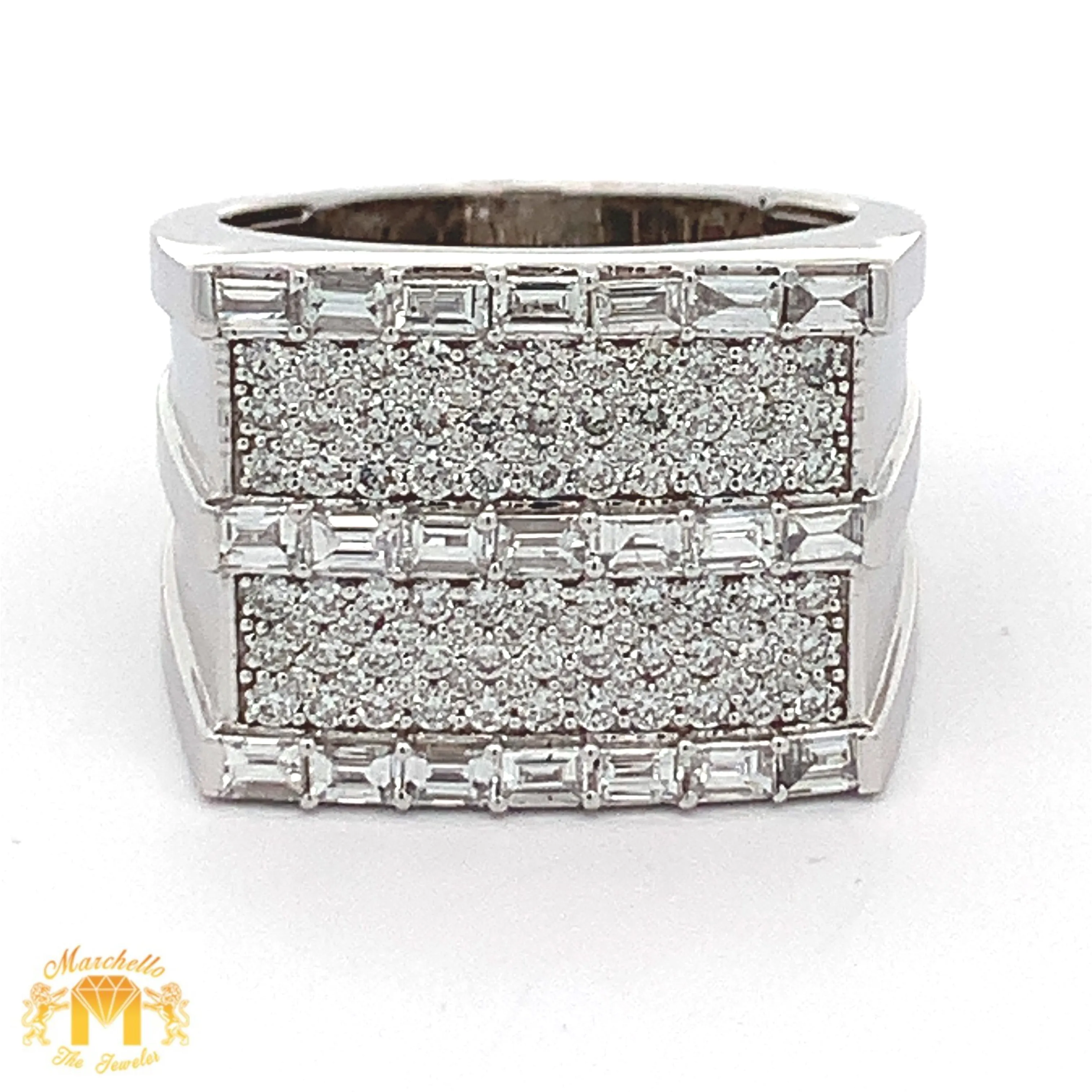 14k Gold Emerald Cut Diamond Men`s Ring with Round Diamonds