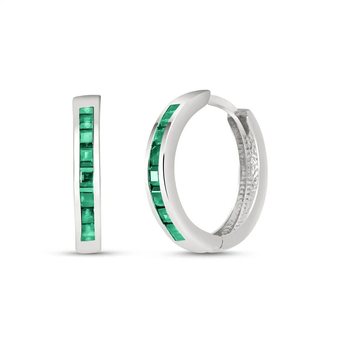 14K Solid White Gold Hoop Huggie Earrings w/ Emeralds