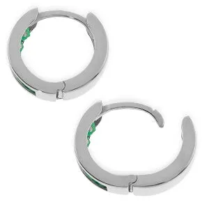 14K Solid White Gold Hoop Huggie Earrings w/ Emeralds
