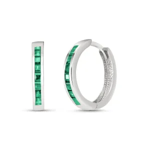 14K Solid White Gold Hoop Huggie Earrings w/ Emeralds