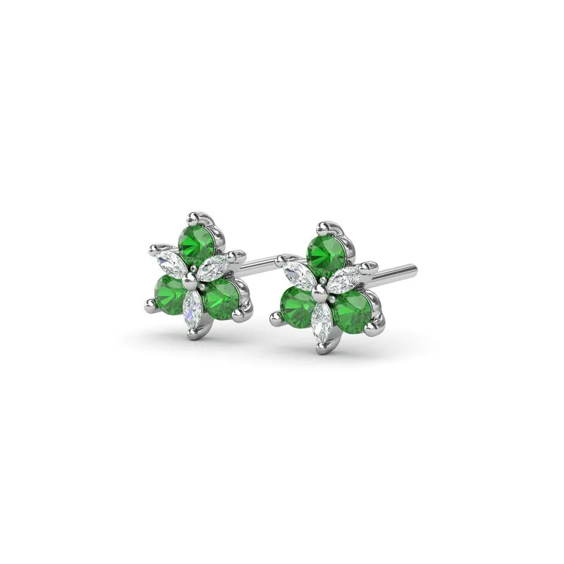 14K WHITE GOLD EMERALD DIAMOND CLUSTER STUD EARRINGS