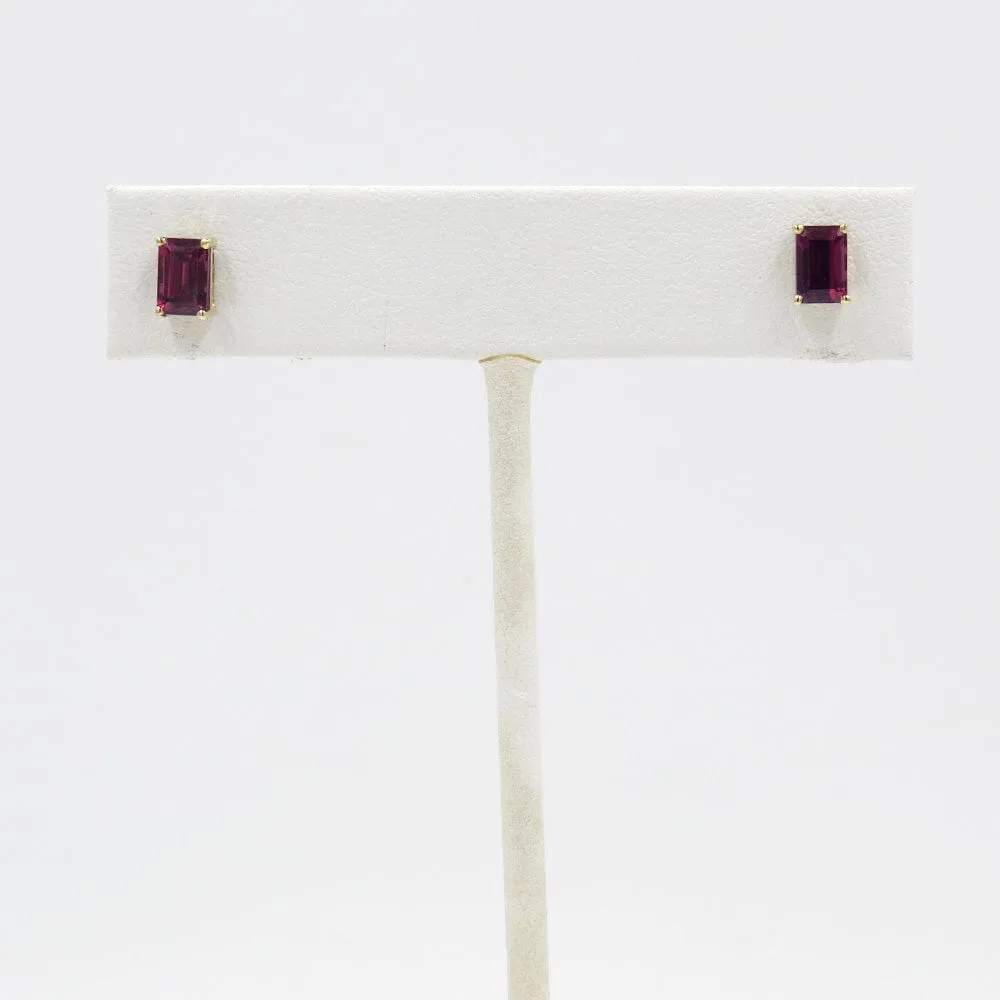 14k Yellow Gold Emerald Cut Rhodolite Post Earrings