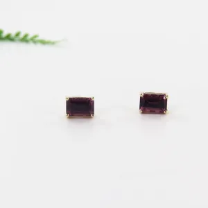 14k Yellow Gold Emerald Cut Rhodolite Post Earrings