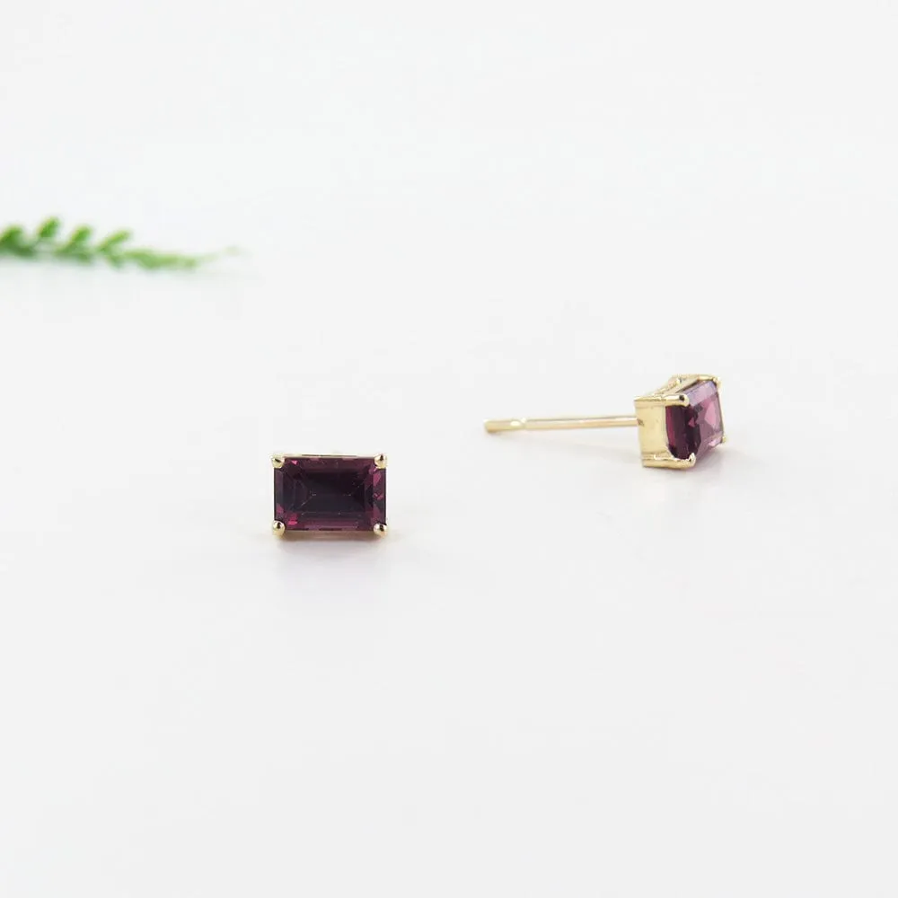 14k Yellow Gold Emerald Cut Rhodolite Post Earrings
