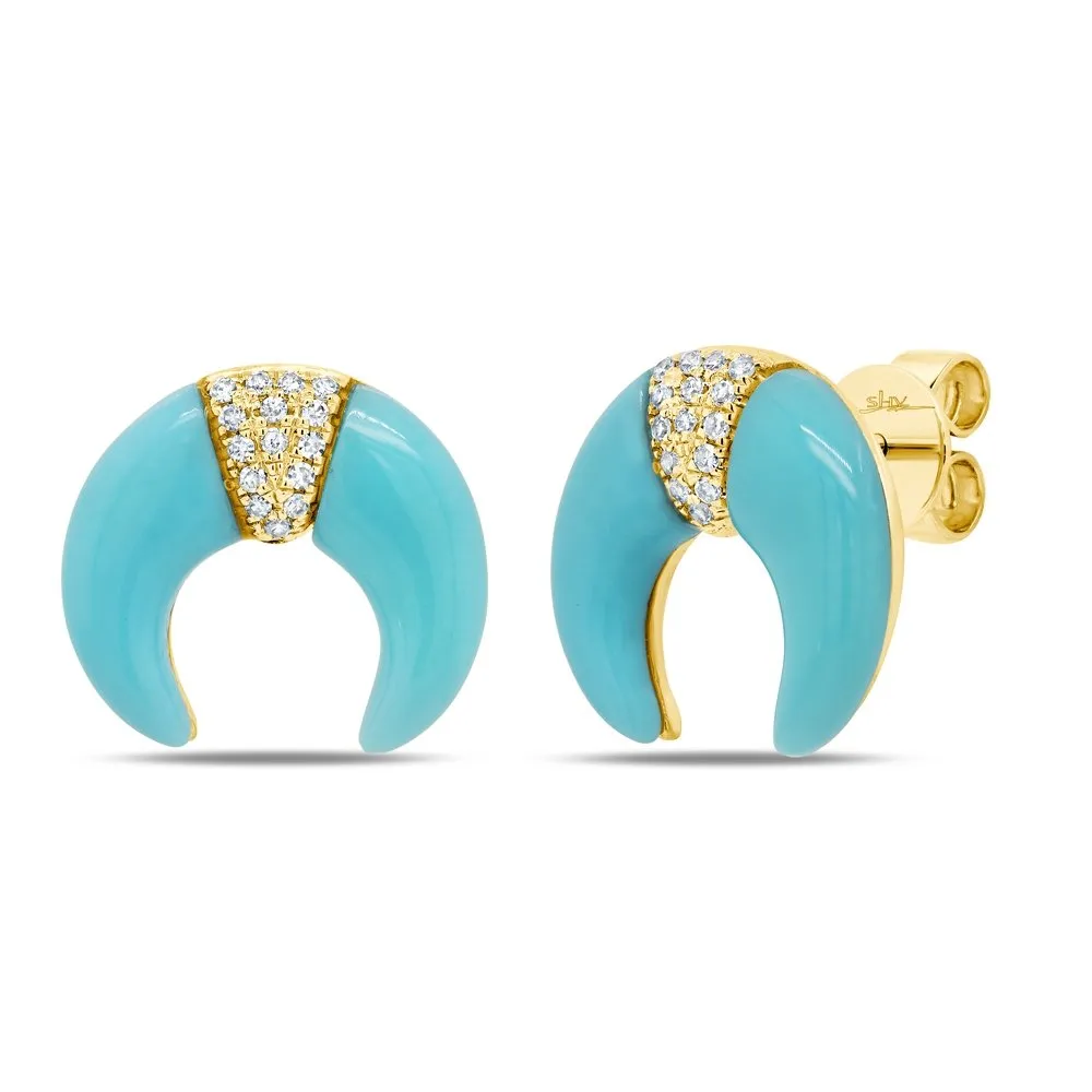 14KT GOLD 1.89 CT TURQUOISE & .06 CTW DIAMOND CRESENT EARRINGS
