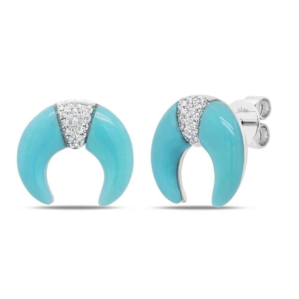 14KT GOLD 1.89 CT TURQUOISE & .06 CTW DIAMOND CRESENT EARRINGS