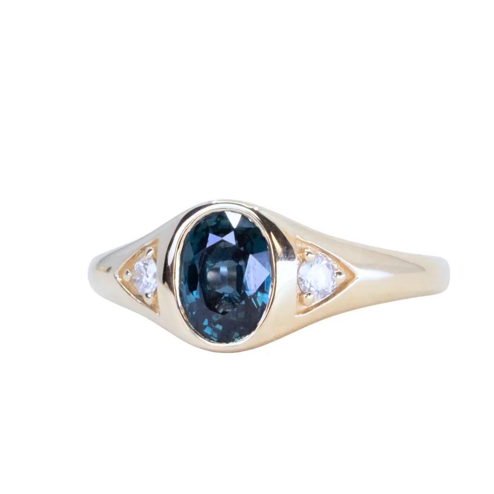 1.51ct Oval Blue Untreated Montana Sapphire Signet Style Ring with Diamonds in 14k Yellow Gold