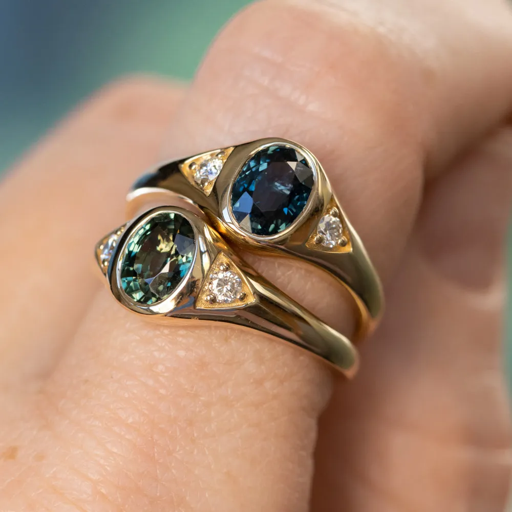 1.51ct Oval Blue Untreated Montana Sapphire Signet Style Ring with Diamonds in 14k Yellow Gold