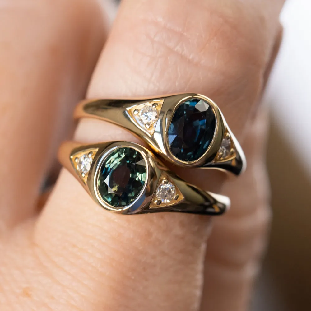 1.51ct Oval Blue Untreated Montana Sapphire Signet Style Ring with Diamonds in 14k Yellow Gold