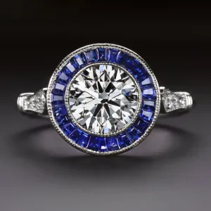 1.5ct DIAMOND SAPPHIRE ENGAGEMENT RING GIA CERTIFIED EXCELLENT CUT VINTAGE STYLE