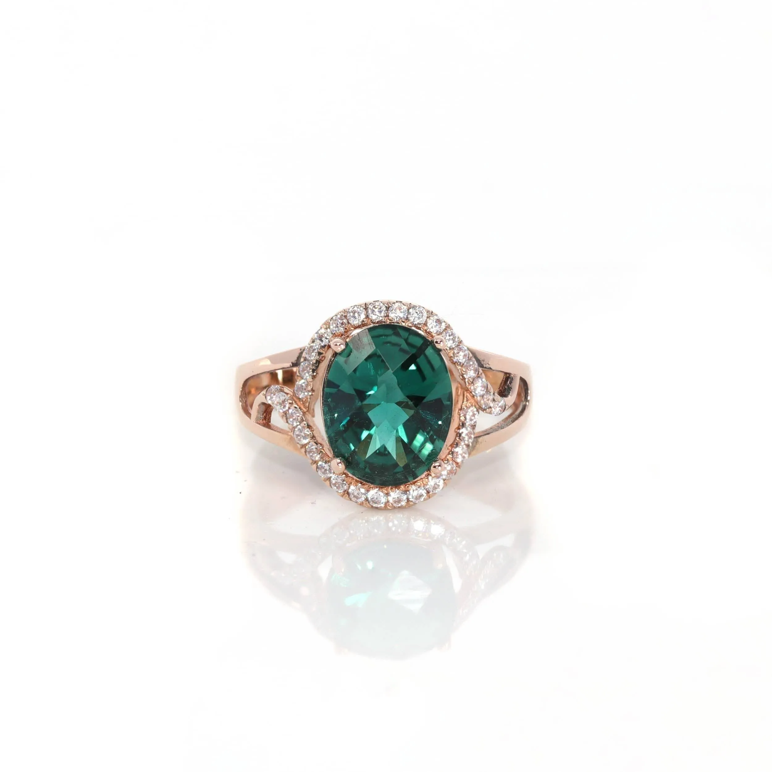 18k Rose Gold Lab-Created Emerald Ring With CZ