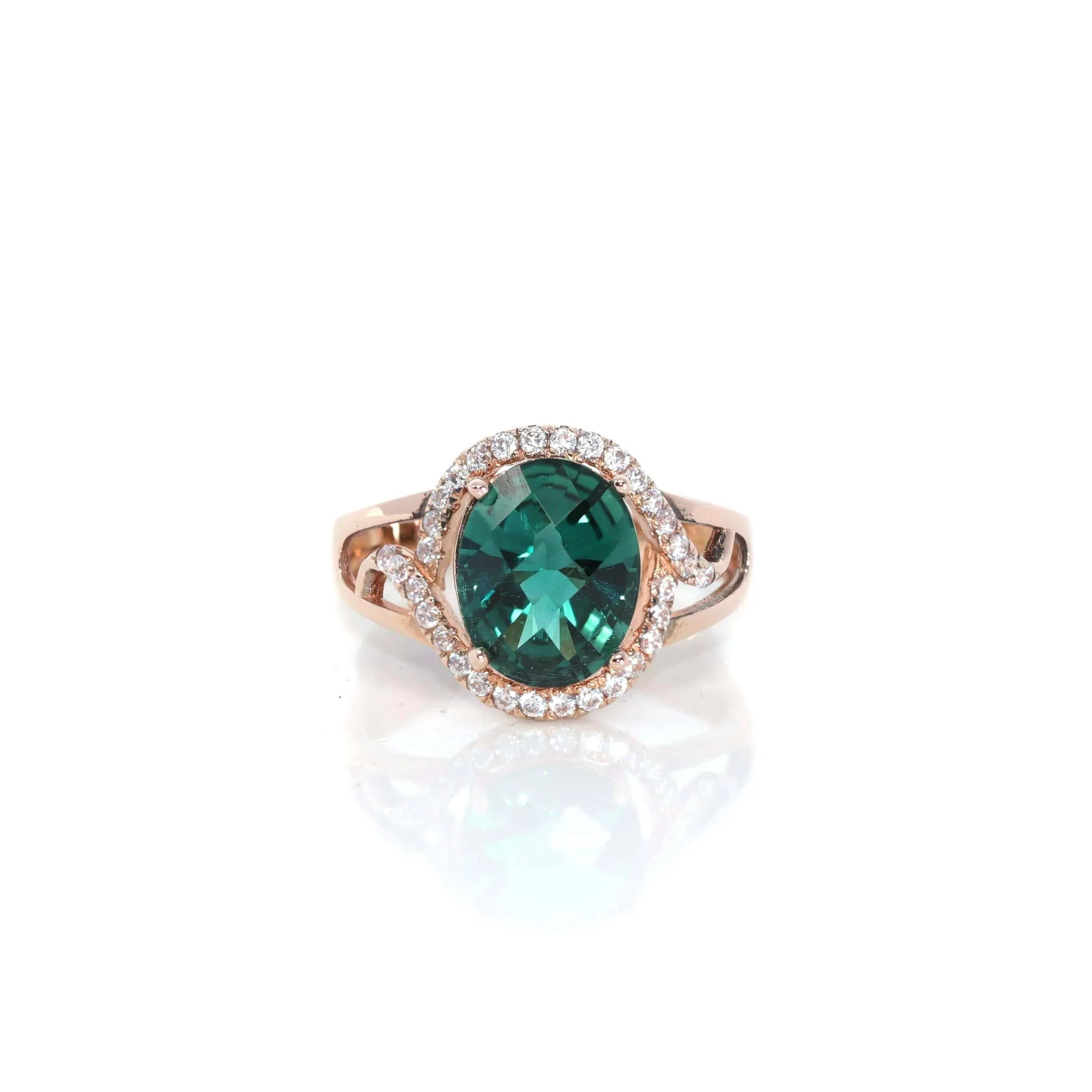 18k Rose Gold Lab-Created Emerald Ring With CZ
