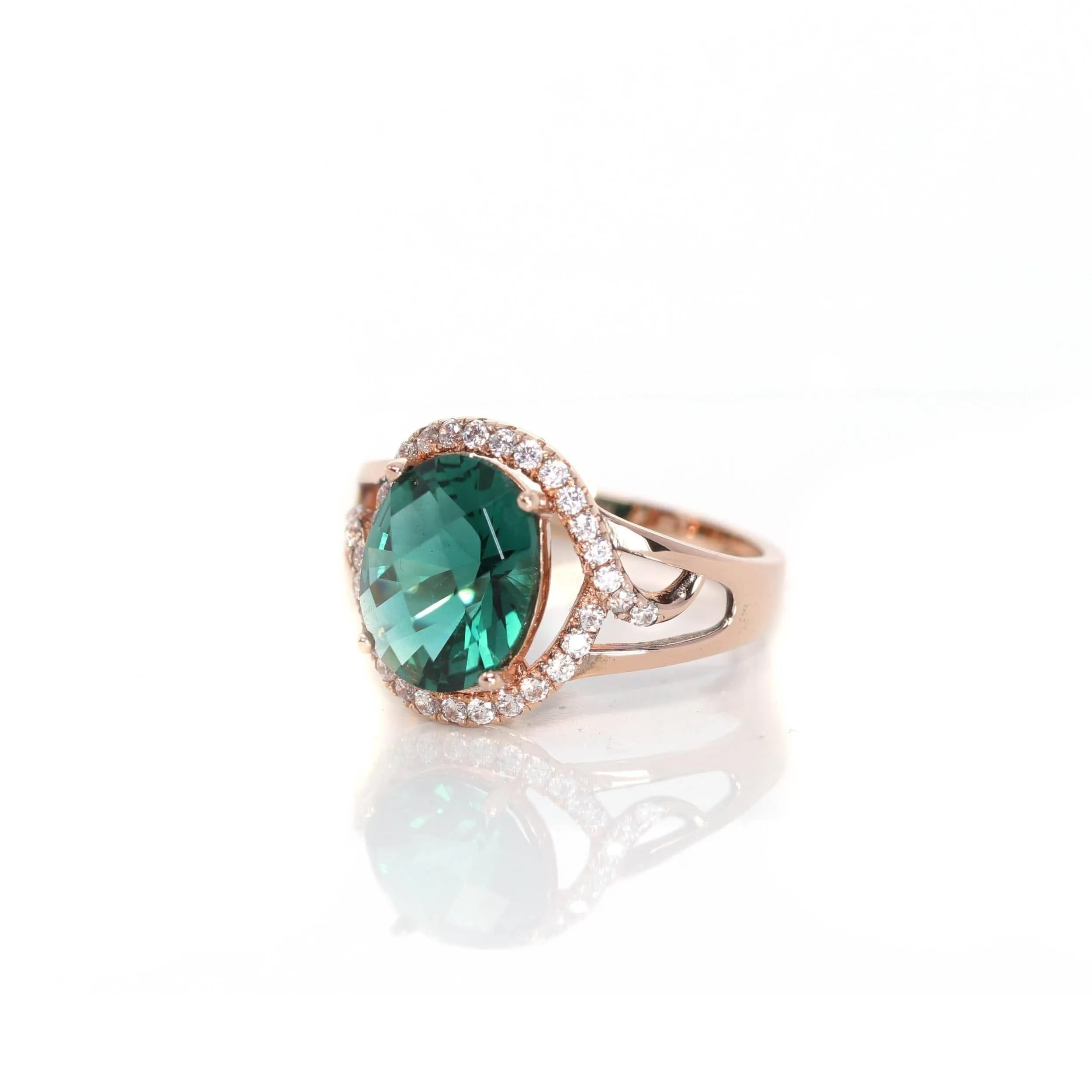18k Rose Gold Lab-Created Emerald Ring With CZ