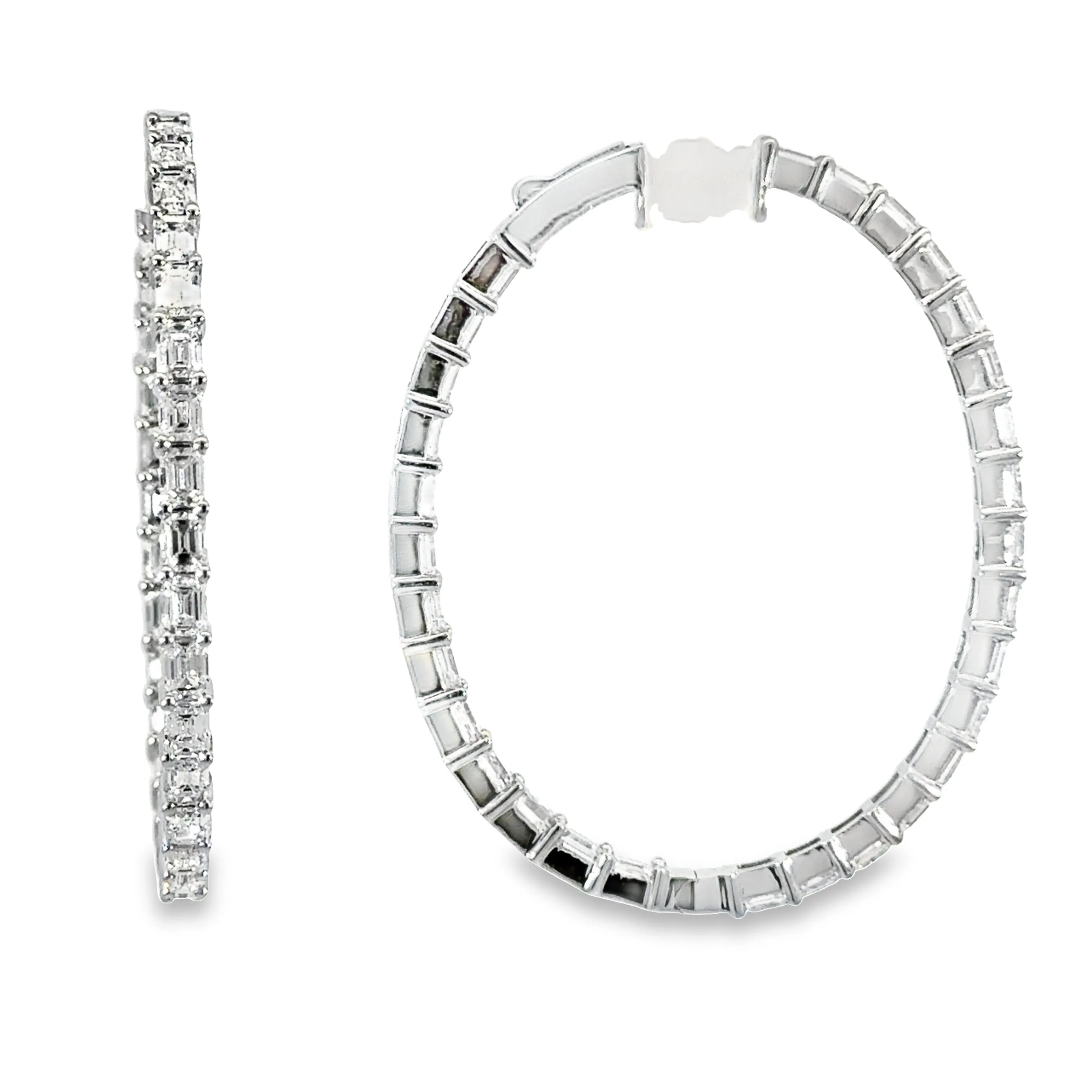 18K White Gold 7ctw Emerald Cut Diamond In & Out Hoop Earrings