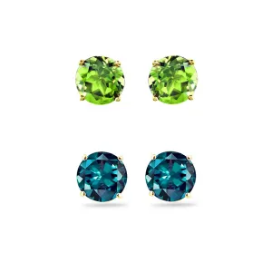 18k Yellow Gold Plated 2Ct Created Peridot and Alexandrite 2 Pair Round Stud Earrings