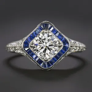 1ct GIA CERTIFIED DIAMOND SAPPHIRE ENGAGMENT RING VINTAGE STYLE 14k WHITE GOLD