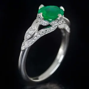 1ct NATURAL EMERALD OVAL DIAMOND VINTAGE STYLE COCKTAIL RING ART DECO WHITE GOLD