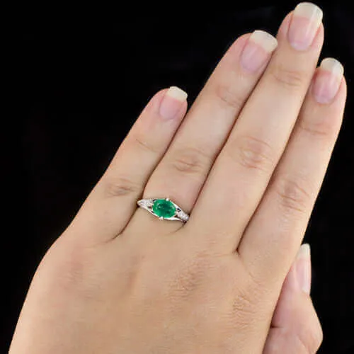 1ct NATURAL EMERALD OVAL DIAMOND VINTAGE STYLE COCKTAIL RING ART DECO WHITE GOLD