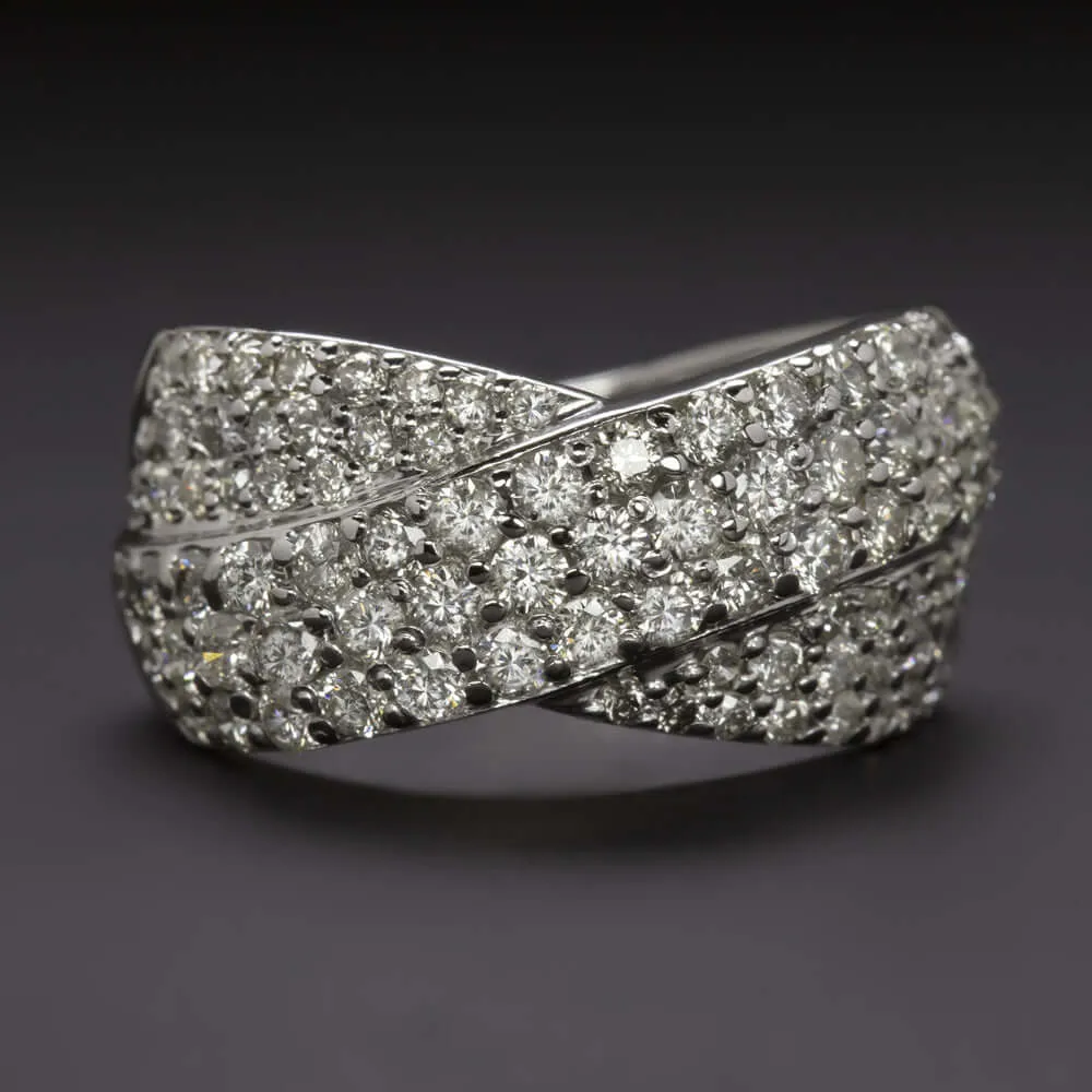 2 CARAT DIAMOND CRISS CROSS BAND WIDE COCKTAIL RING 6gm WHITE GOLD NATURAL 2ct