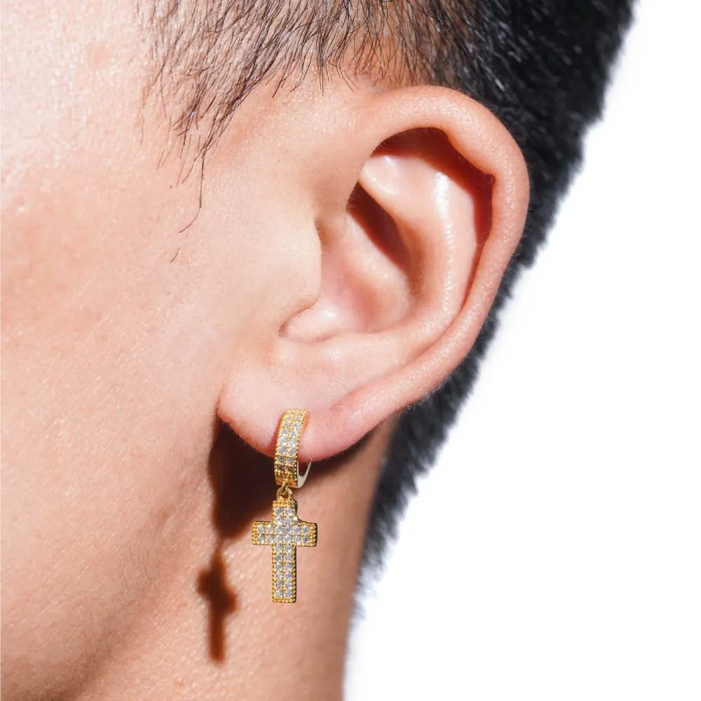 2-Row Moissanite Cross Earrings 14K Gold