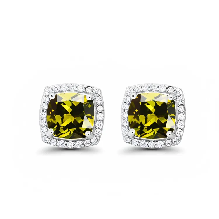 24k White Gold Plated 1 Ct Created Halo Princess Cut Peridot Stud Earrings