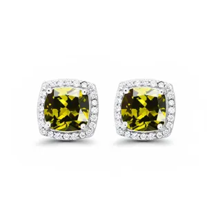 24k White Gold Plated 1 Ct Created Halo Princess Cut Peridot Stud Earrings
