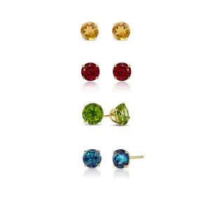 24k Yellow Gold Plated 1/2Ct Created Citrine, Garnet, Peridot and Alexandrite 4 Pair Round Stud Earrings