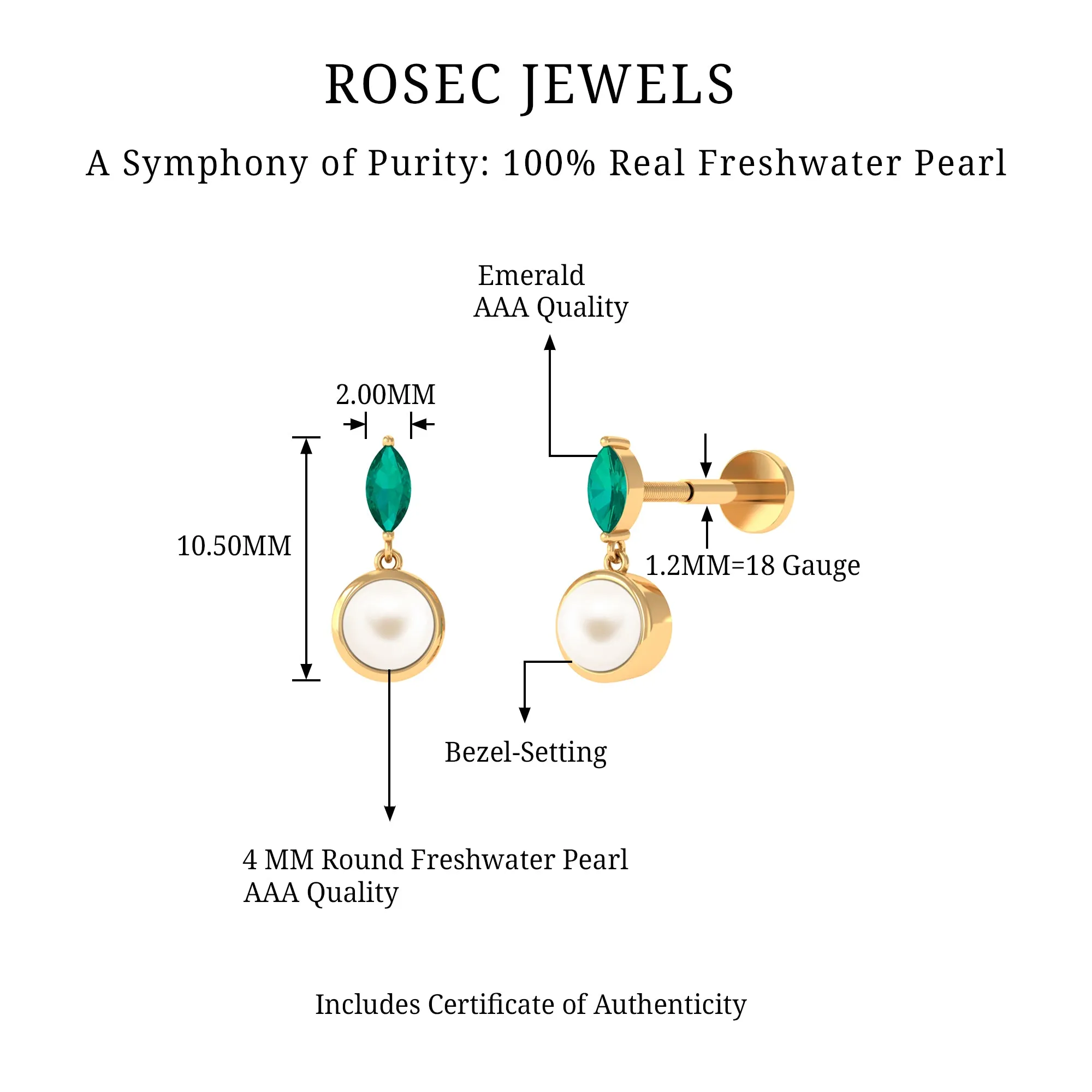 3/4 CT Freshwater Pearl and Emerald Drop Earring for Helix Piercing