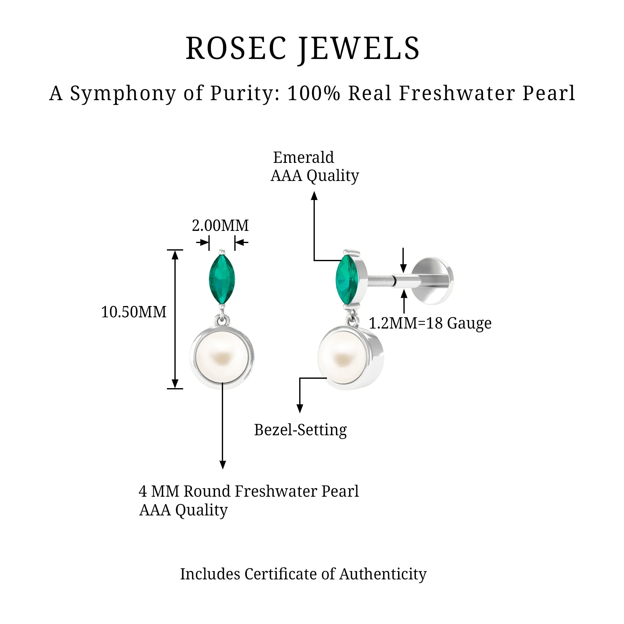 3/4 CT Freshwater Pearl and Emerald Drop Earring for Helix Piercing
