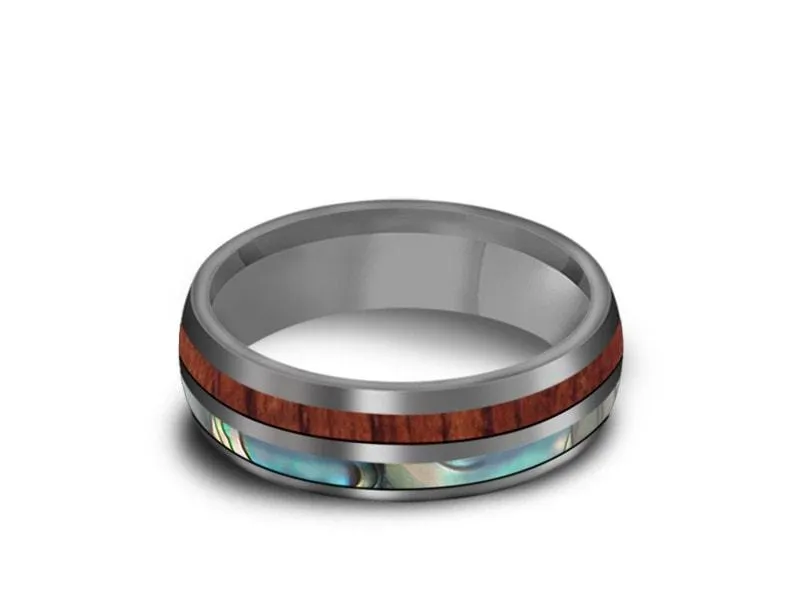 6MM HAWAIIAN Koa Wood & Abalone Tungsten WEDDING BAND DOME AND GRAY INTERIOR