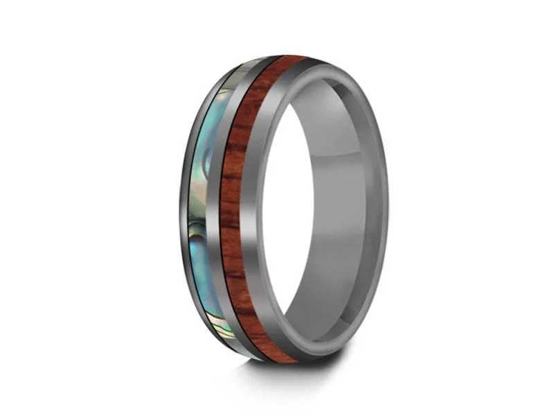 6MM HAWAIIAN Koa Wood & Abalone Tungsten WEDDING BAND DOME AND GRAY INTERIOR