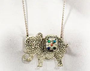 70s Elephant Pendant Necklace - Large Jointed Metal India African Jungle Design - 1970s Safari Animal Filigree - Gold Green Blue Orange