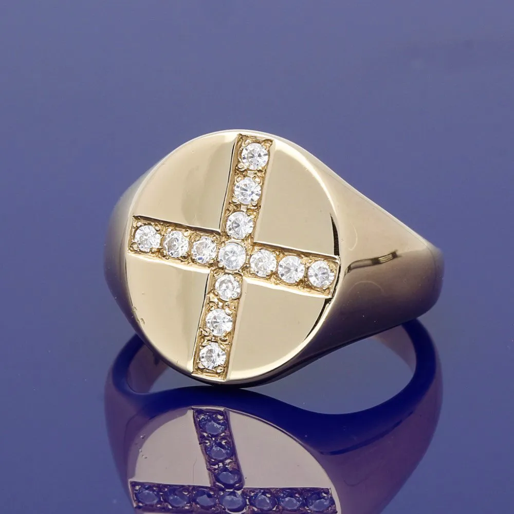 9ct Yellow Gold Cross Signet Ring with CZ