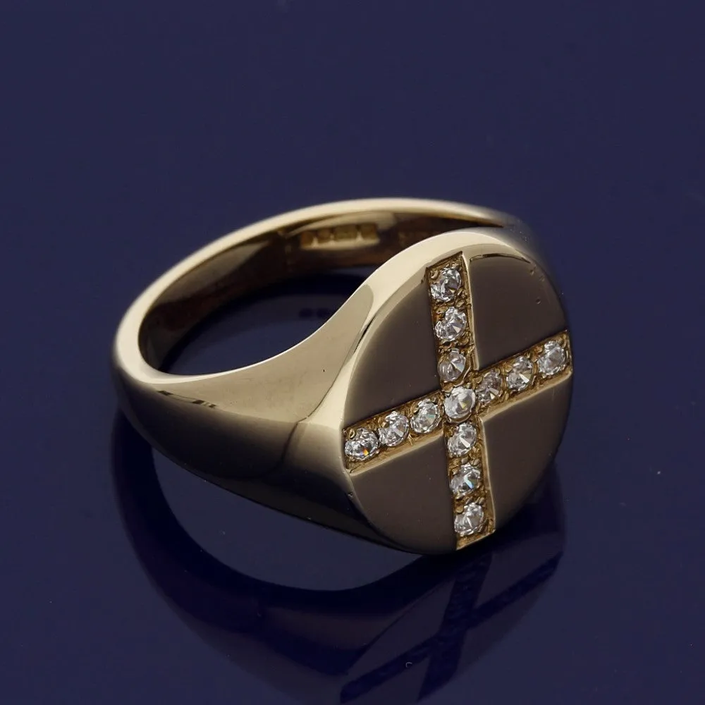 9ct Yellow Gold Cross Signet Ring with CZ