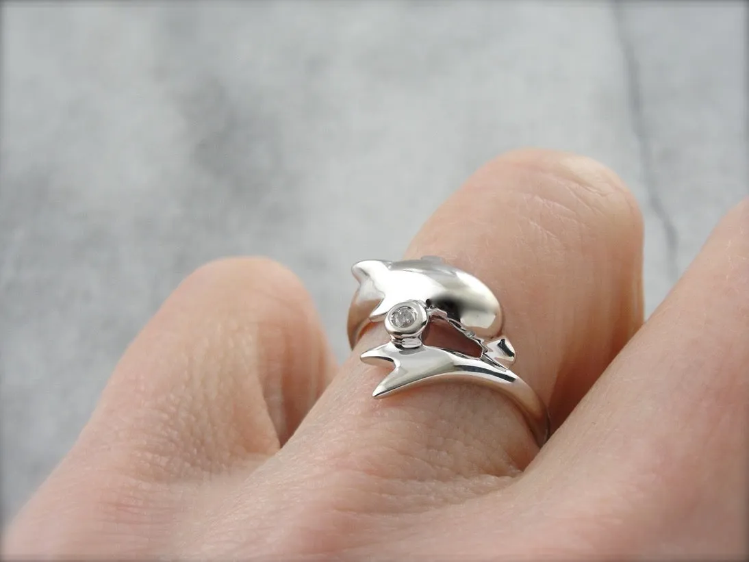 Adorable White Gold Dolphin Ring with Diamond Accent