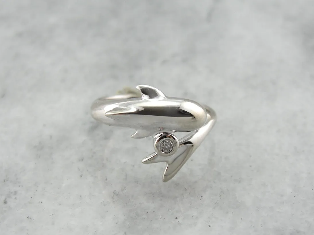 Adorable White Gold Dolphin Ring with Diamond Accent