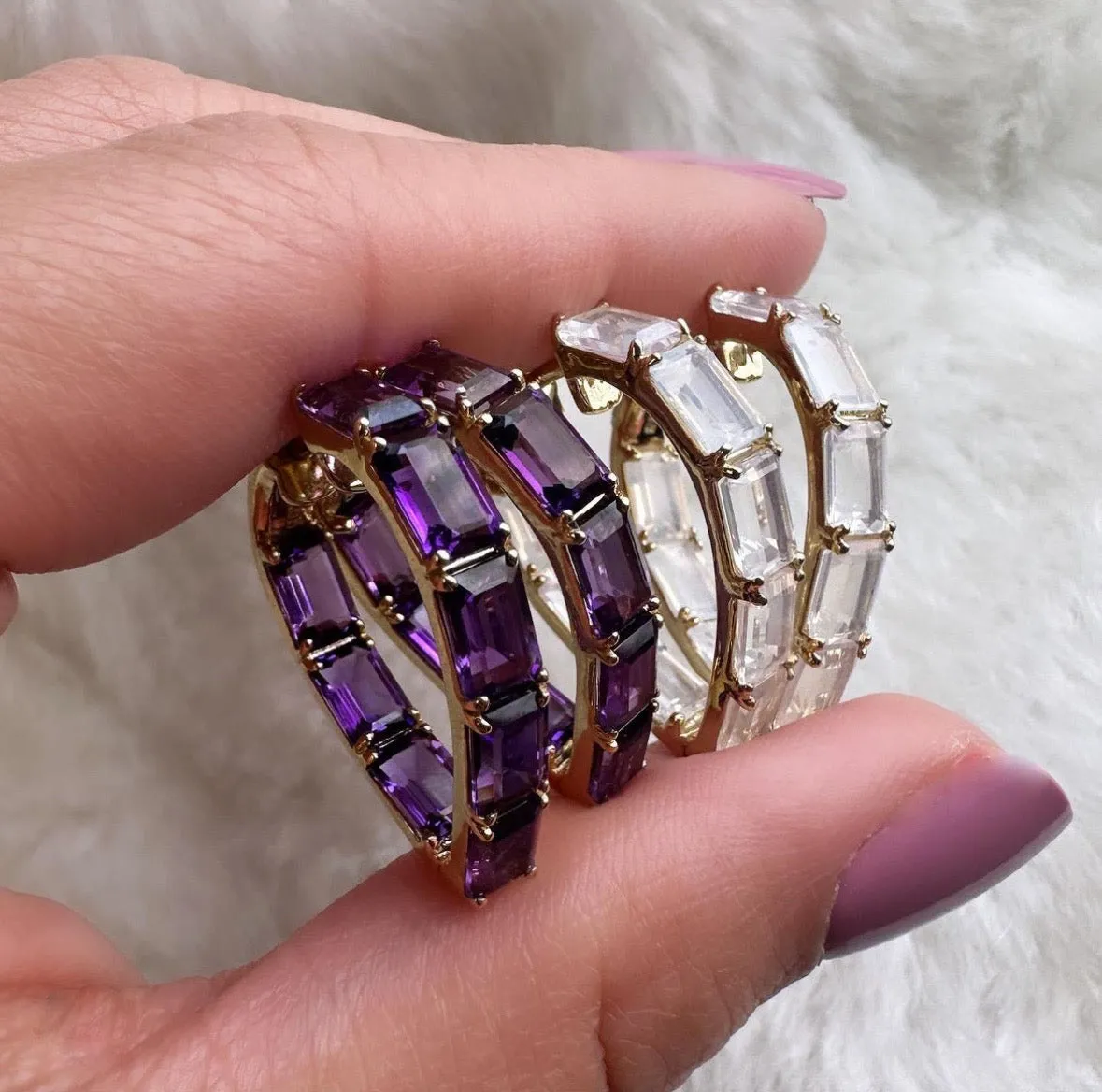 Amethyst Emerald-Cut Heart Hoops