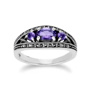 Amethyst-Ring, Sterlingsilber dreifach Amethyst & Markasit Februar Ring