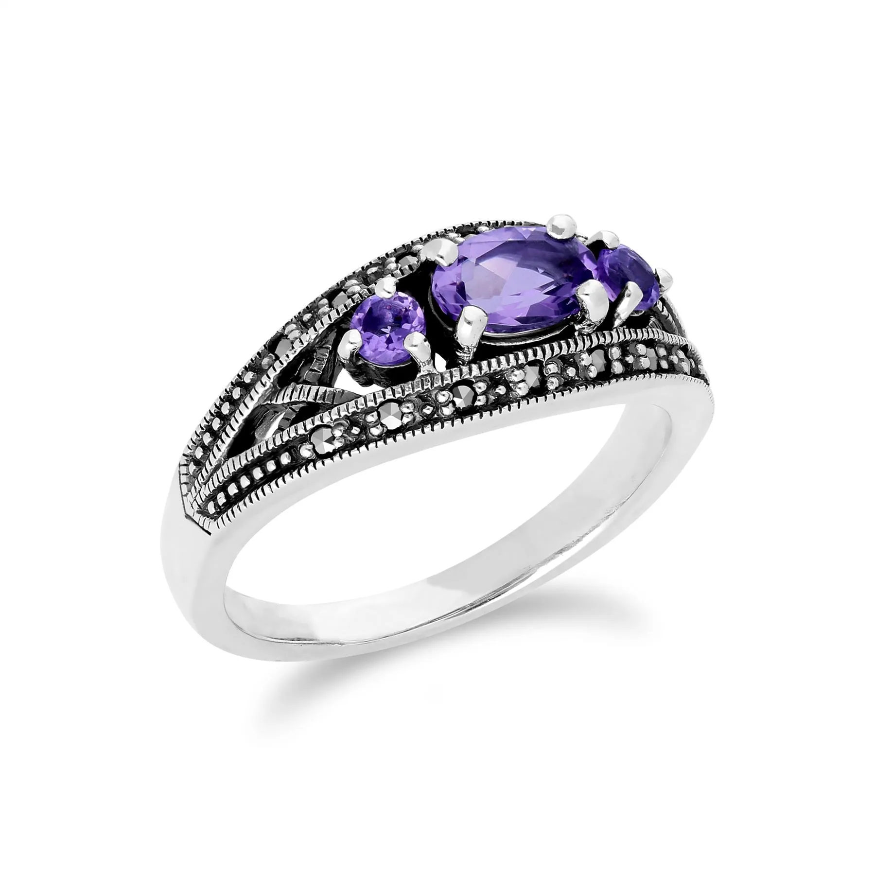 Amethyst-Ring, Sterlingsilber dreifach Amethyst & Markasit Februar Ring
