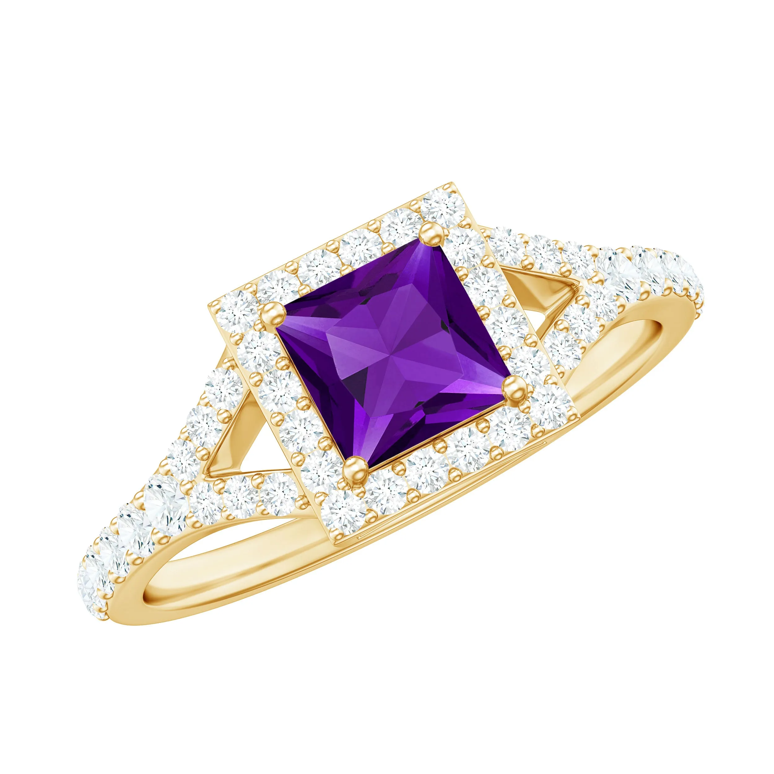 Amethyst Split Shank Halo Engagement Ring with Moissanite