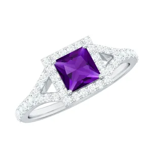Amethyst Split Shank Halo Engagement Ring with Moissanite